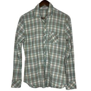 True Religion Teal Brown Western Check Plaid Collared Long Sleeve Top Size S